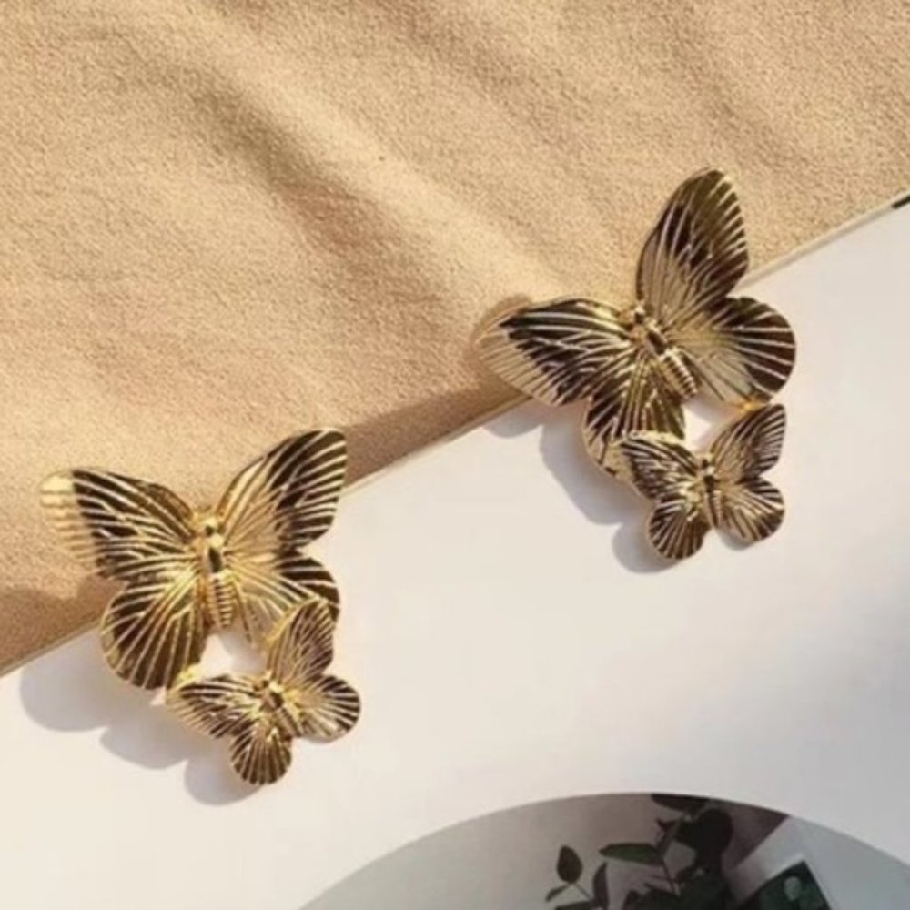 Gold Butterflies Summer Statement Earrings - Picture 8 of 8